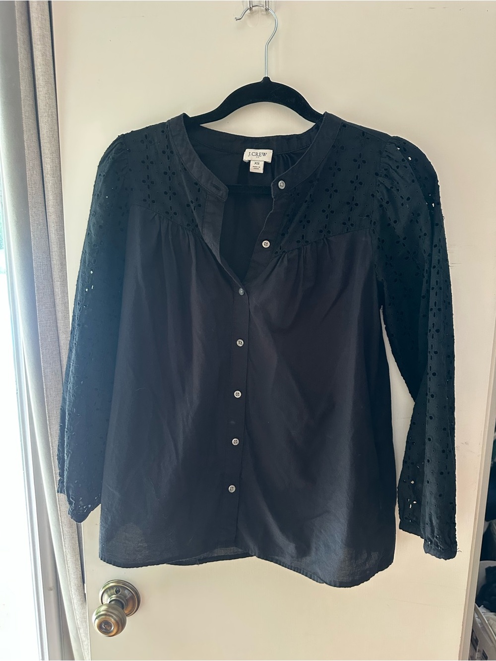 J. Crew Black Eyelet-Sleeve Button-Front Blouse